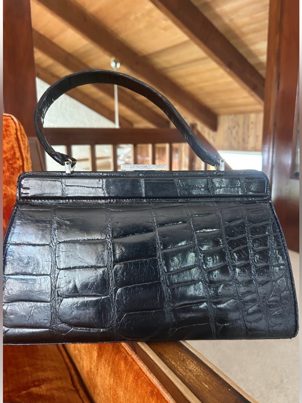 Vintage 1950s Made in France Classic Black Croc-Embossed Top-Handle Leather Bag